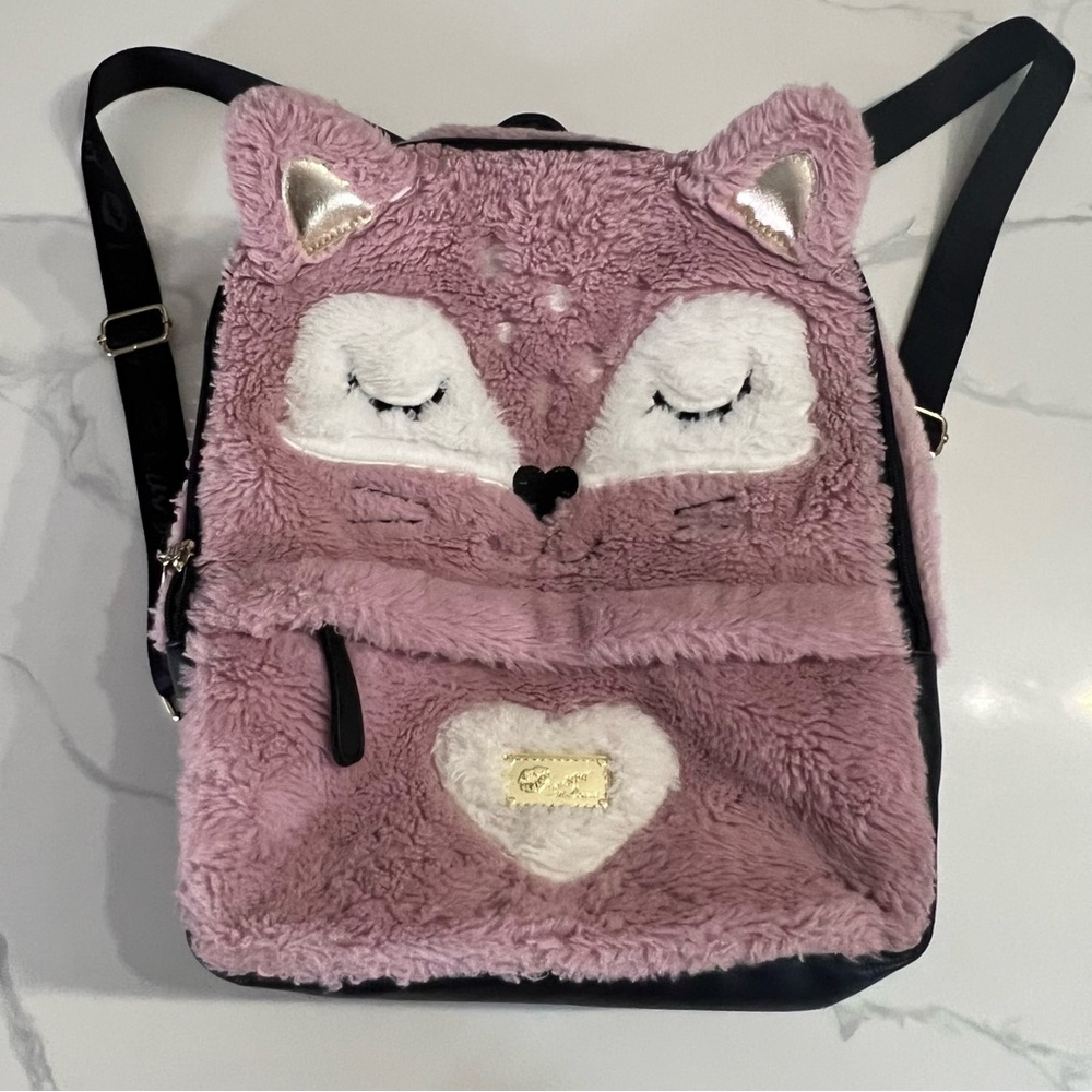 Betsey Johnson pink and black fuzzy backpack